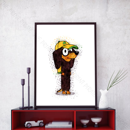 Bluey 'SNICKERS' character Watercolour Splash Wall Art Print