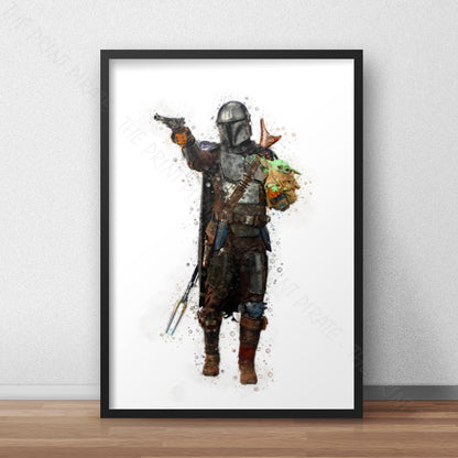 Star Wars 'MANDALORIAN AND CHILD' Watercolour Splash Wall Art Print