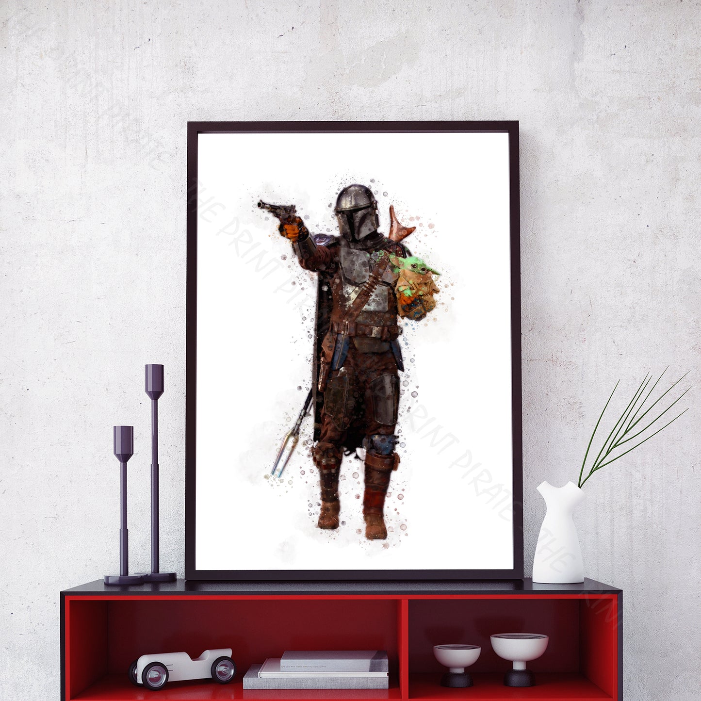 Star Wars 'MANDALORIAN AND CHILD' Watercolour Splash Wall Art Print