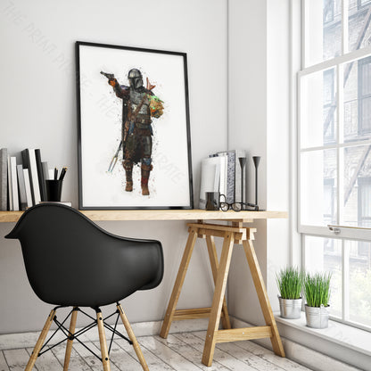 Star Wars 'MANDALORIAN AND CHILD' Watercolour Splash Wall Art Print