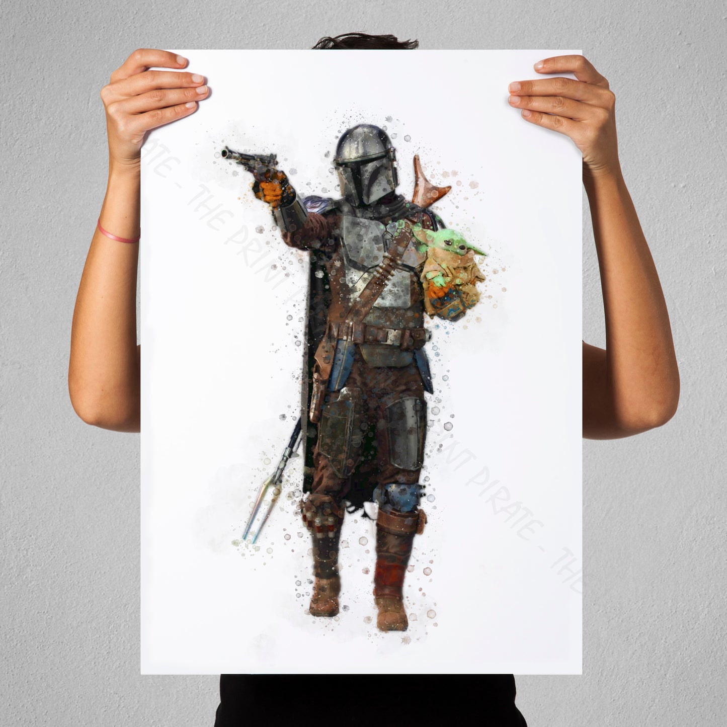 Star Wars 'MANDALORIAN AND CHILD' Watercolour Splash Wall Art Print