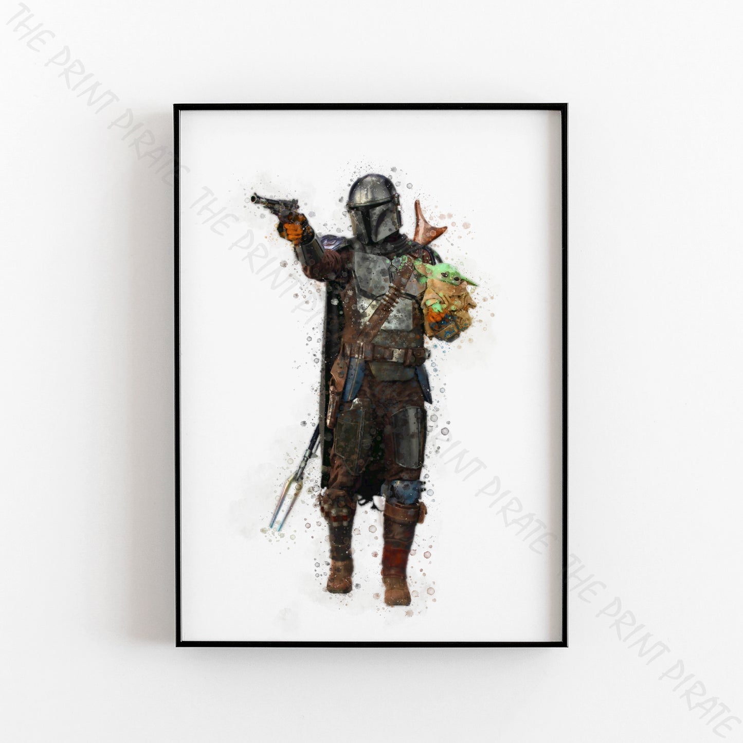 Star Wars 'MANDALORIAN AND CHILD' Watercolour Splash Wall Art Print