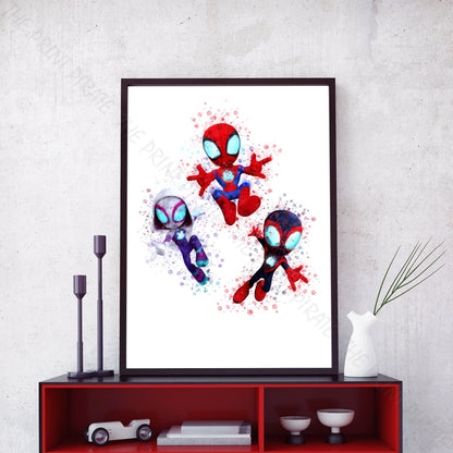 Superhero 'SPIDERMAN AND HIS AMAZING FRIENDS' Marvel Watercolour Splash Wall Art Print