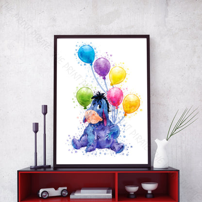 Disney 'EEYORE WITH BALLOONS' Winnie the Pooh Print Watercolour Splash Wall Art Print