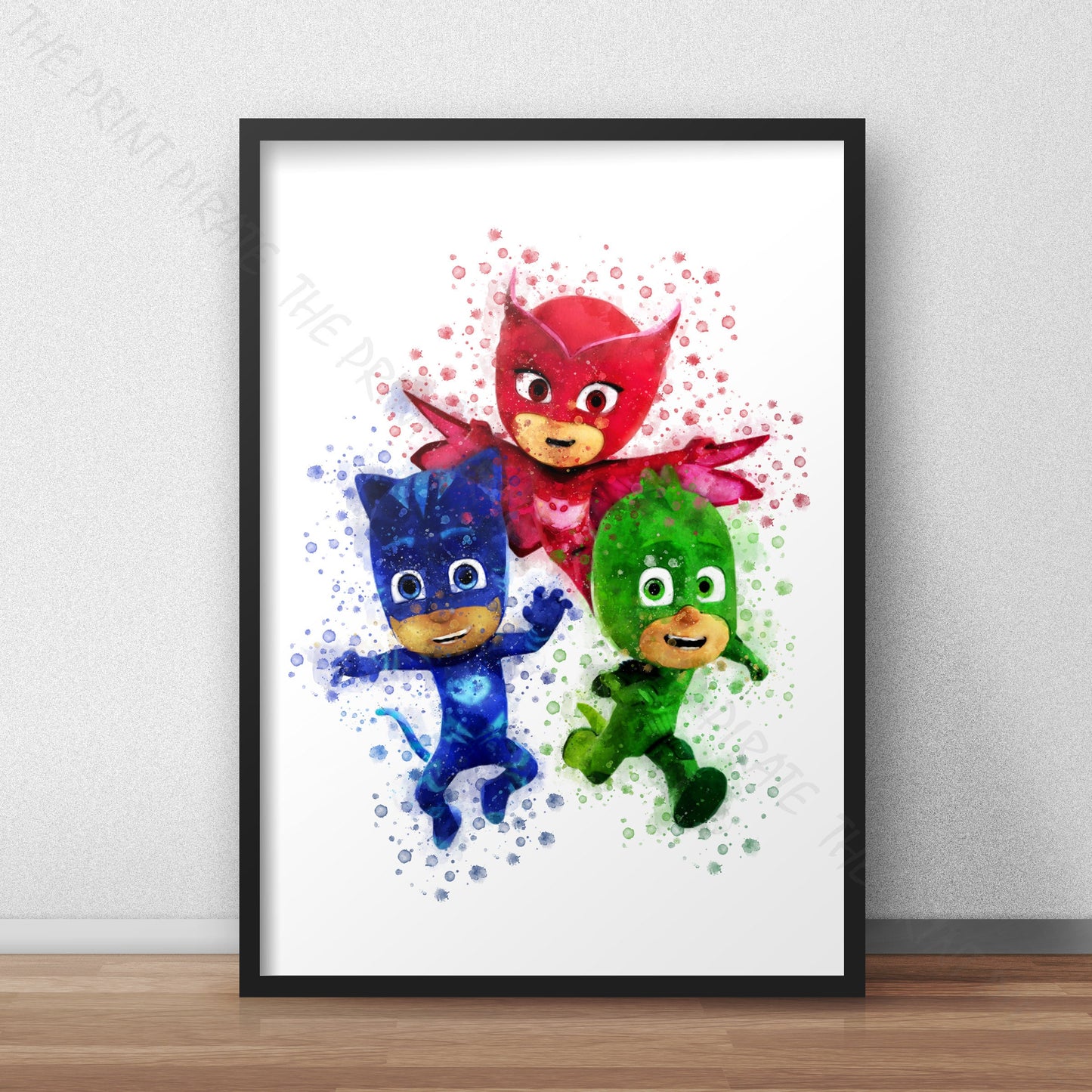 Pj Masks 'CATBOY, GEKKO AND OWLETTE' Watercolour Splash Wall Art Print