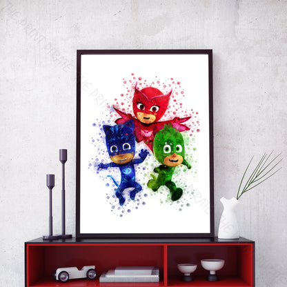 Pj Masks 'CATBOY, GEKKO AND OWLETTE' Watercolour Splash Wall Art Print