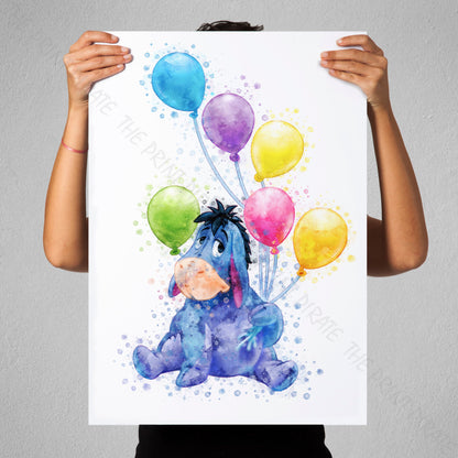 Disney 'EEYORE WITH BALLOONS' Winnie the Pooh Print Watercolour Splash Wall Art Print