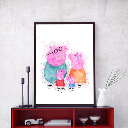 Peppa Pig 'PIG FAMILY' Watercolour Splash Wall Art Print