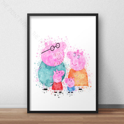 Peppa Pig 'PIG FAMILY' Watercolour Splash Wall Art Print