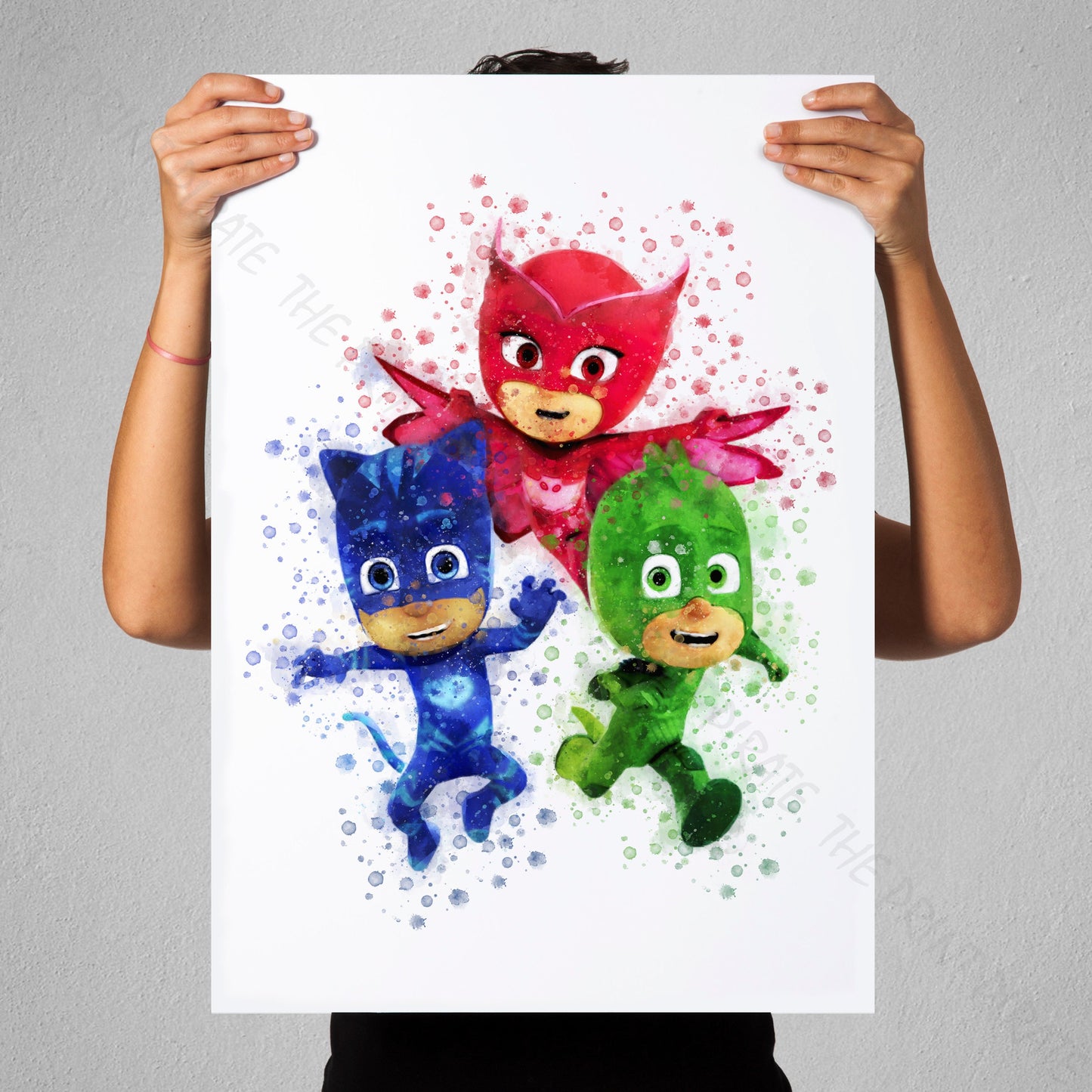 Pj Masks 'CATBOY, GEKKO AND OWLETTE' Watercolour Splash Wall Art Print