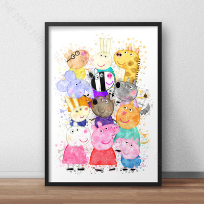 Peppa Pig 'PEPPA AND FRIENDS' Watercolour Splash Wall Art Print