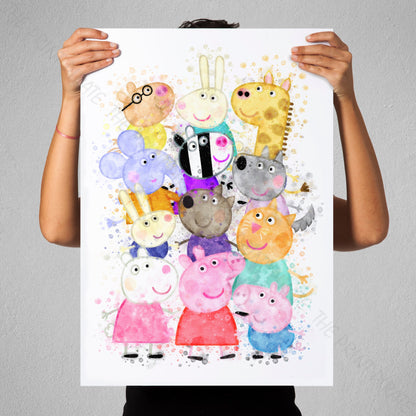 Peppa Pig 'PEPPA AND FRIENDS' Watercolour Splash Wall Art Print