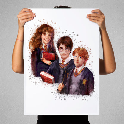 Wizarding World 'HARRY, RON & HERMIONE' Golden Trio Hogwarts Harry Potter / Fantastic Beasts Watercolour Splash Wall Art Print