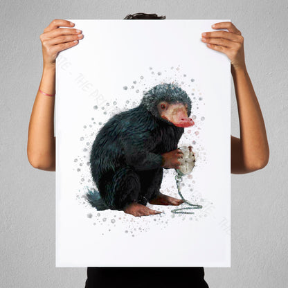 Wizarding World 'NIFFLER' Hogwarts Harry Potter / Fantastic Beasts Watercolour Splash Wall Art Print