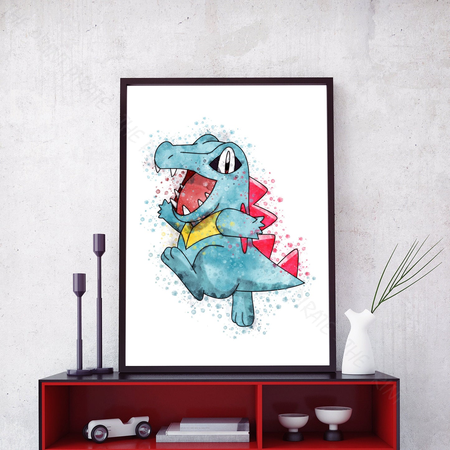 Pokemon 'TOTODILE' Watercolour Splash Wall Art Print