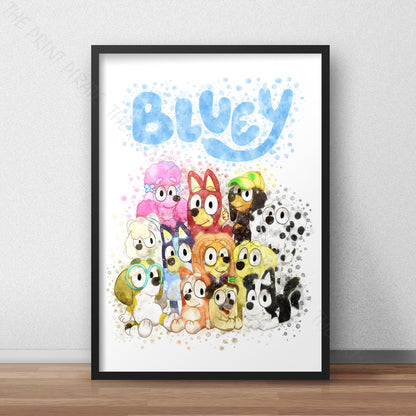 Bluey 'BLUEY AND FRIENDS' character Watercolour Splash Wall Art Print