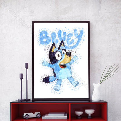 Bluey 'JUMPING BLUEY' character Watercolour Splash Wall Art Print