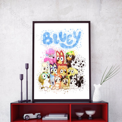 Bluey 'BLUEY AND FRIENDS' character Watercolour Splash Wall Art Print