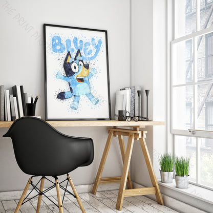 Bluey 'JUMPING BLUEY' character Watercolour Splash Wall Art Print