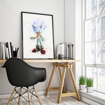 Gaming 'HYPER SONIC' Sonic Hedgehog Watercolour Splash Wall Art Print