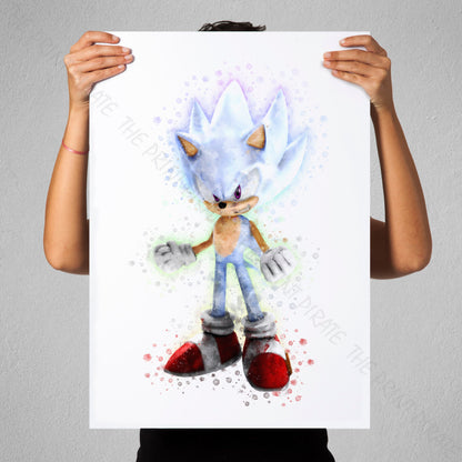 Gaming 'HYPER SONIC' Sonic Hedgehog Watercolour Splash Wall Art Print