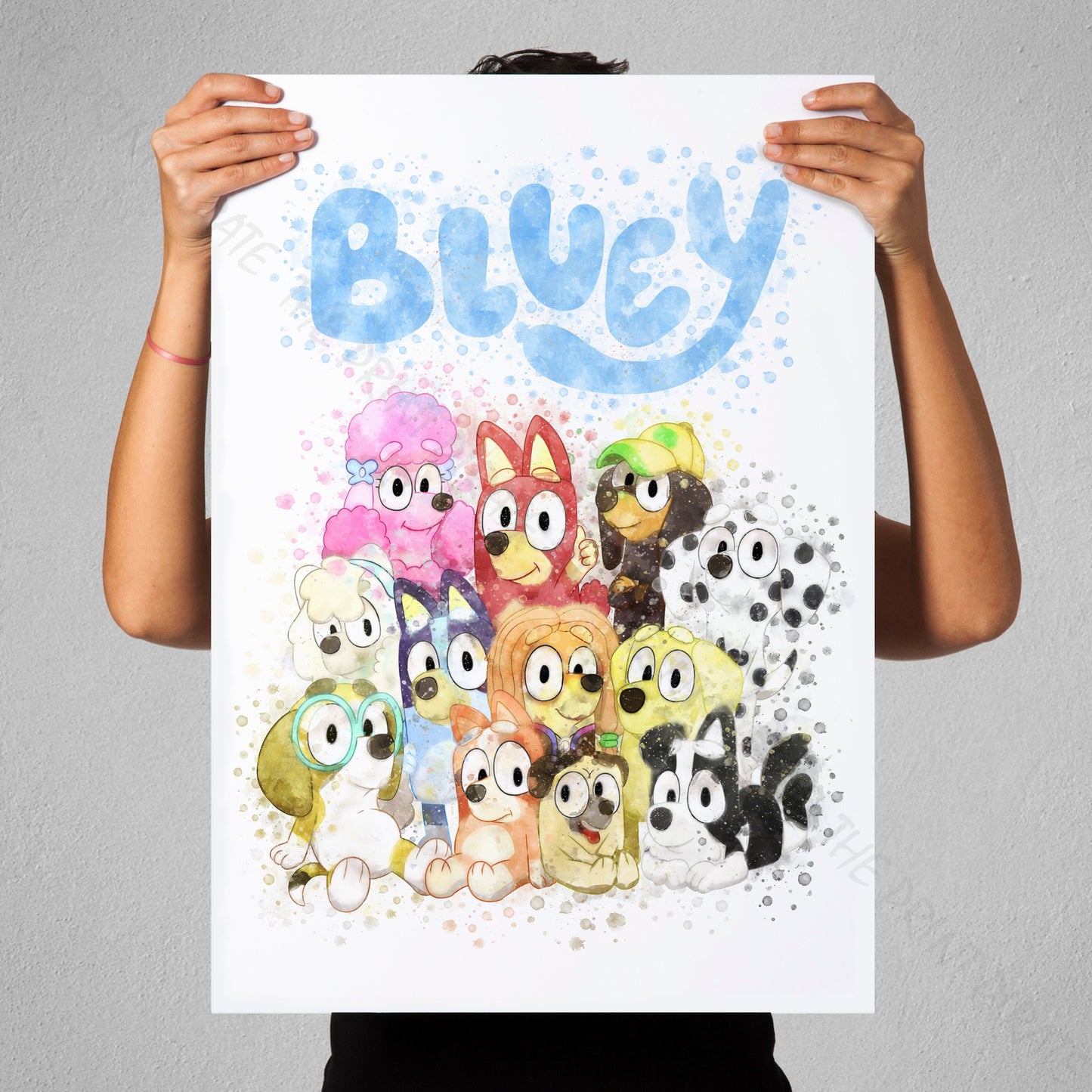 Bluey 'BLUEY AND FRIENDS' character Watercolour Splash Wall Art Print