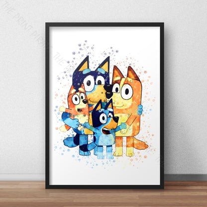 Bluey 'HEELER FAMILY' character Watercolour Splash Wall Art Print