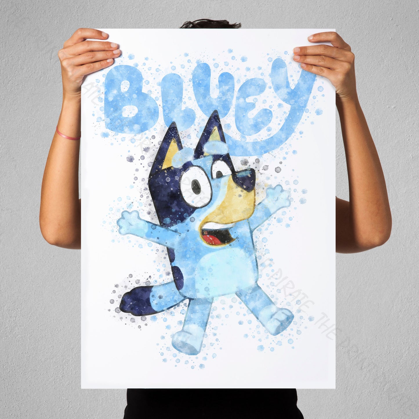 Bluey 'JUMPING BLUEY' character Watercolour Splash Wall Art Print