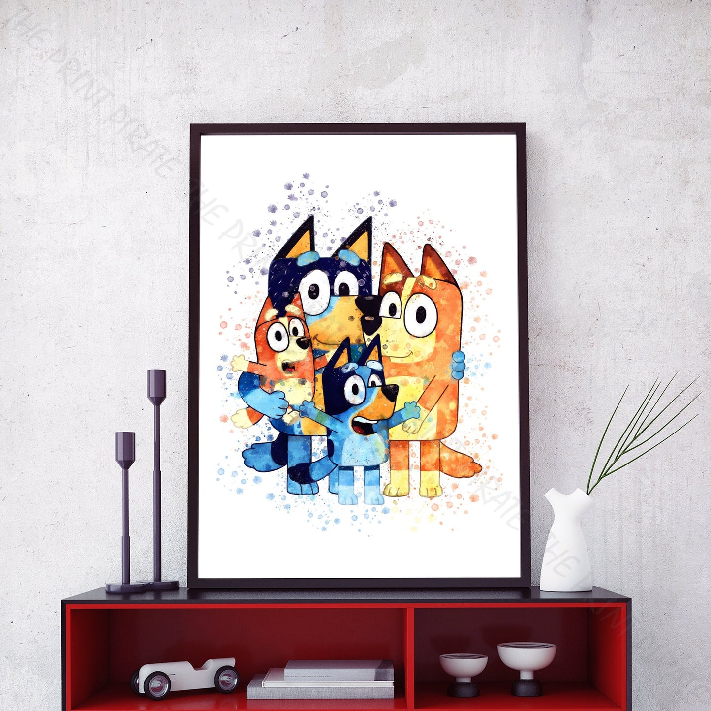 Bluey 'HEELER FAMILY' character Watercolour Splash Wall Art Print