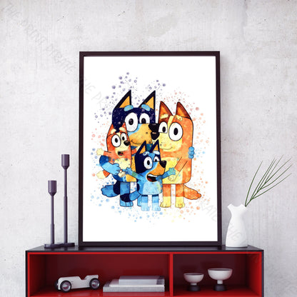 Bluey 'HEELER FAMILY' character Watercolour Splash Wall Art Print