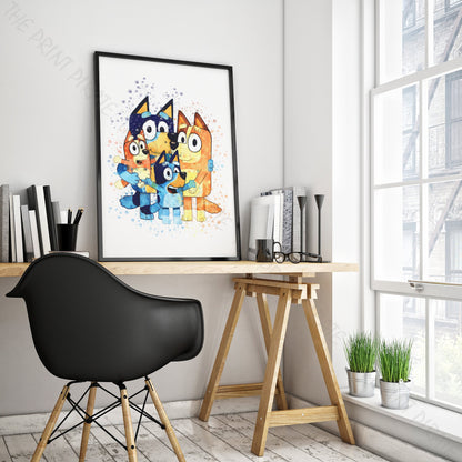 Bluey 'HEELER FAMILY' character Watercolour Splash Wall Art Print