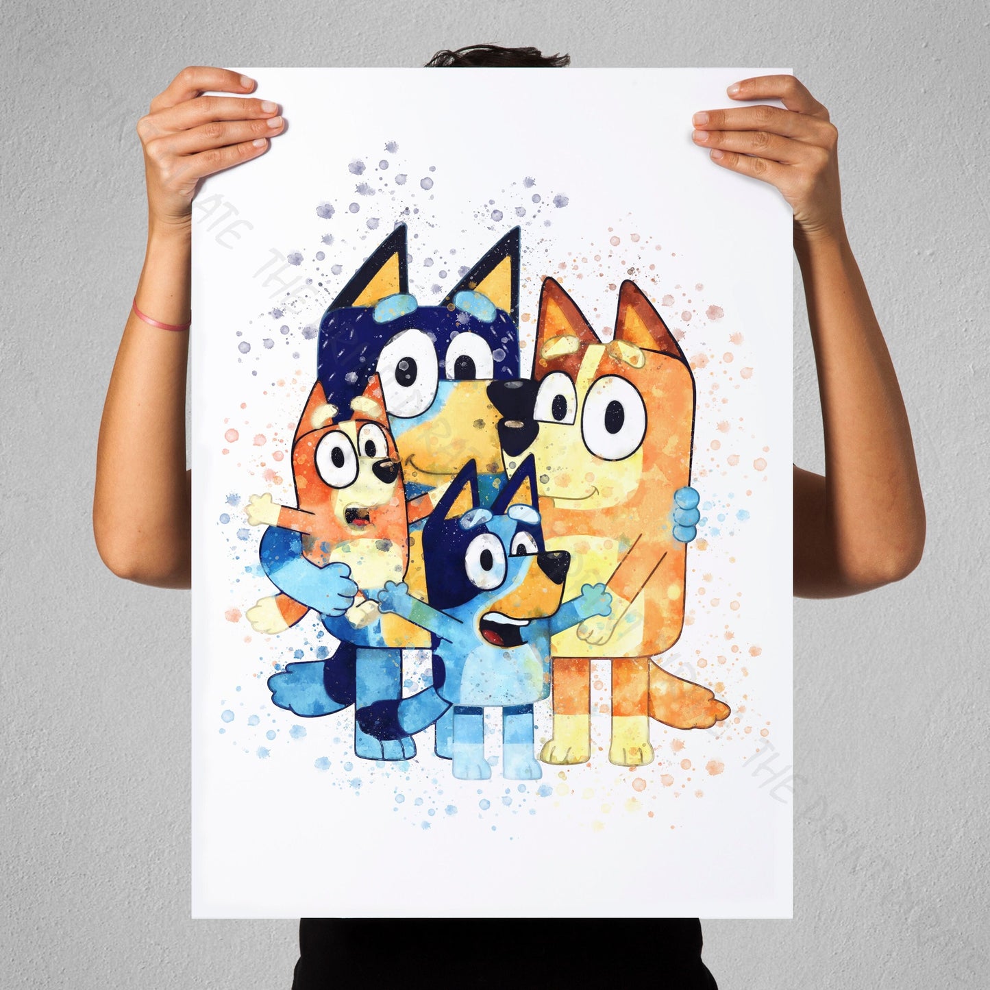 Bluey 'HEELER FAMILY' character Watercolour Splash Wall Art Print