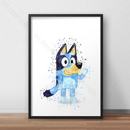 Bluey 'BLUEY' character Watercolour Splash Wall Art Print