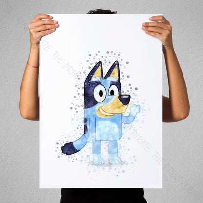 Bluey 'BLUEY' character Watercolour Splash Wall Art Print