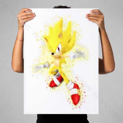 Gaming 'SUPER SONIC' Sonic the Hedgehog Watercolour Splash Wall Art Print