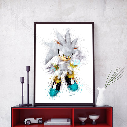 Gaming 'SILVER SONIC' Sonic Hedgehog Watercolour Splash Wall Art Print