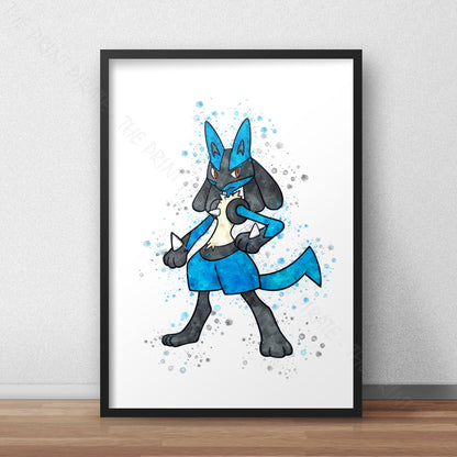 Pokemon 'LUCARIO' Watercolour Splash Wall Art Print