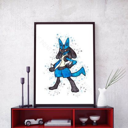 Pokemon 'LUCARIO' Watercolour Splash Wall Art Print