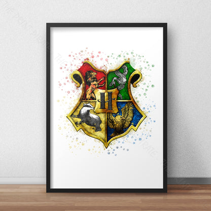 Wizarding World 'HOGWARTS CREST' Hogwarts Harry Potter / Fantastic Beasts Watercolour Splash Wall Art Print