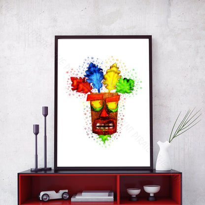 Gaming 'AKU AKU MASK' Crash Bandicoot Watercolour Splash Wall Art Print