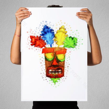 Gaming 'AKU AKU MASK' Crash Bandicoot Watercolour Splash Wall Art Print