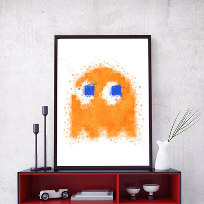 Gaming 'PACMAN ORANGE GHOST CLYDE' Watercolour Splash Wall Art Print