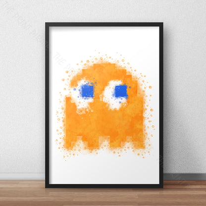 Gaming 'PACMAN ORANGE GHOST CLYDE' Watercolour Splash Wall Art Print