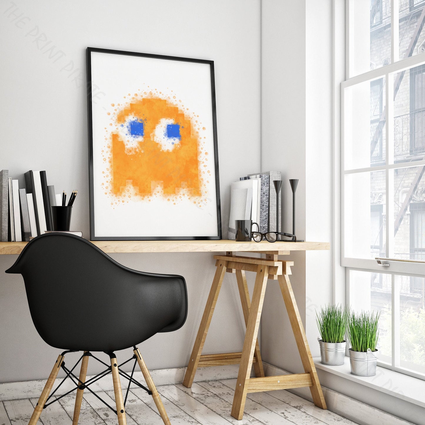 Gaming 'PACMAN ORANGE GHOST CLYDE' Watercolour Splash Wall Art Print