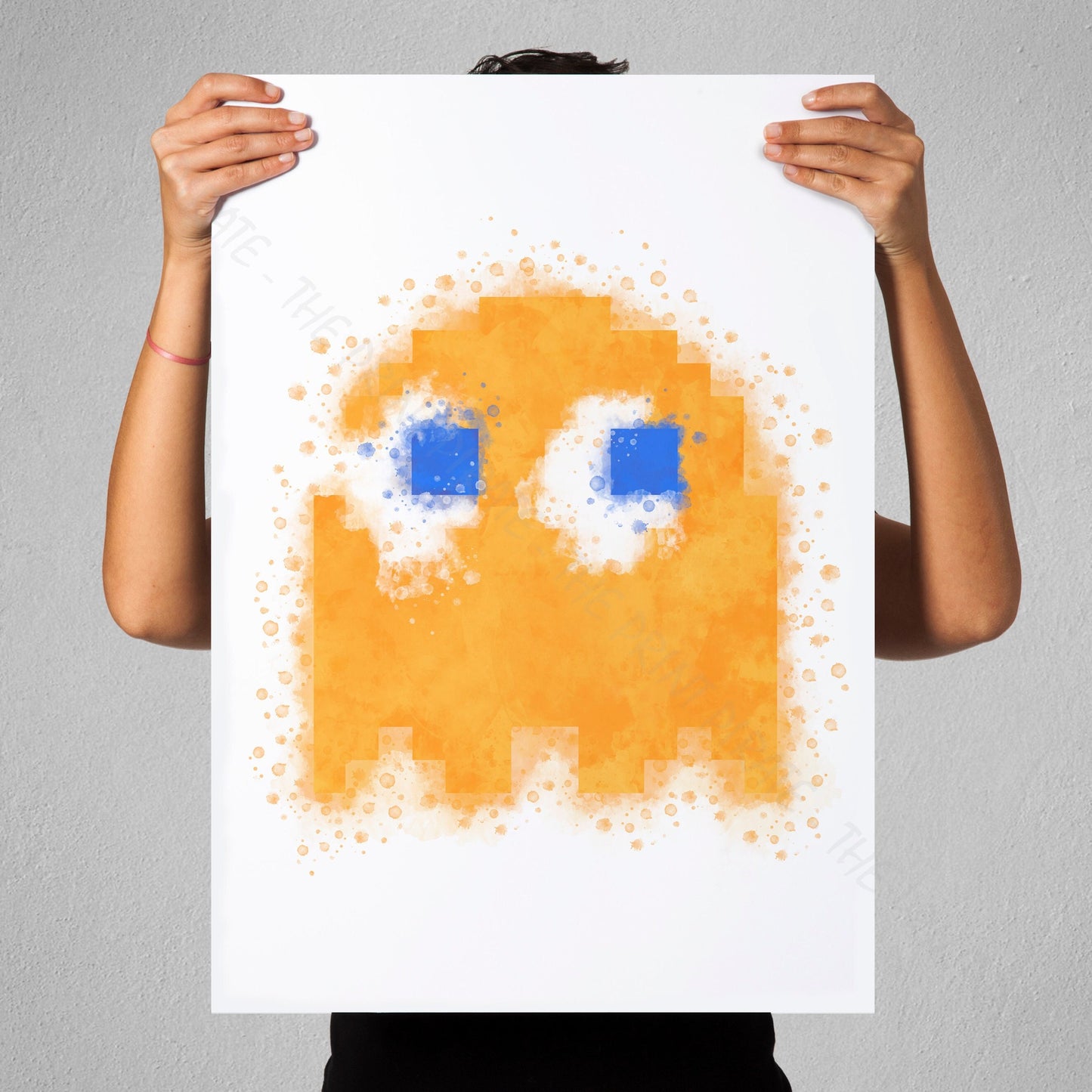 Gaming 'PACMAN ORANGE GHOST CLYDE' Watercolour Splash Wall Art Print