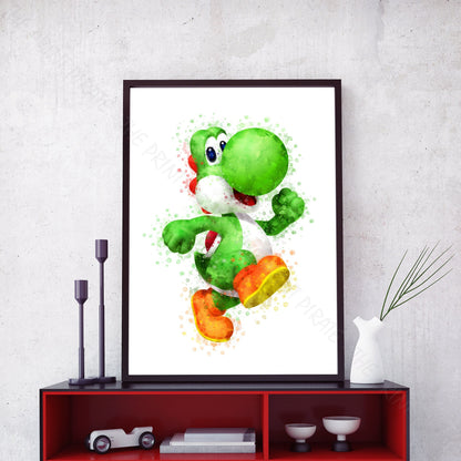 Gaming 'YOSHI' Mario Watercolour Splash Wall Art Print