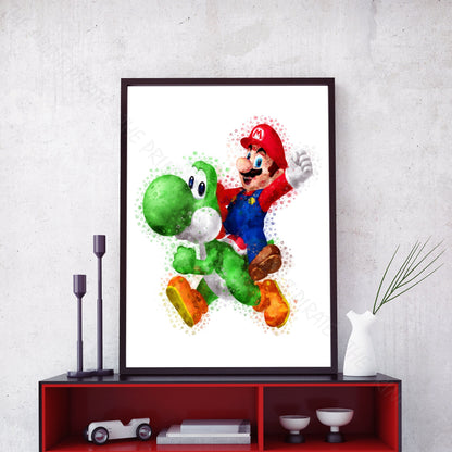 Gaming 'MARIO AND YOSHI' Mario Watercolour Splash Wall Art Print