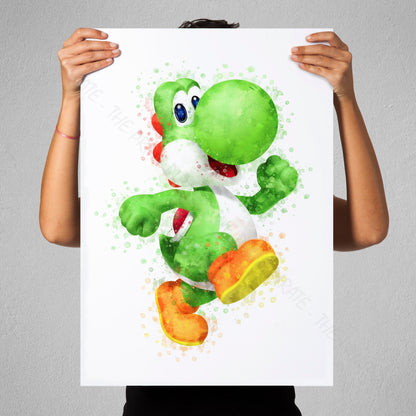 Gaming 'YOSHI' Mario Watercolour Splash Wall Art Print