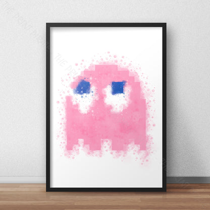 Gaming 'PACMAN PINK GHOST PINKY' Watercolour Splash Wall Art Print