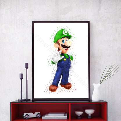 Gaming 'LUIGI' Mario Watercolour Splash Wall Art Print